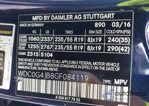 2016 Mercedes-Benz Glc 300 из США, поврежденный, VIN WDC0G4JB8GF084119